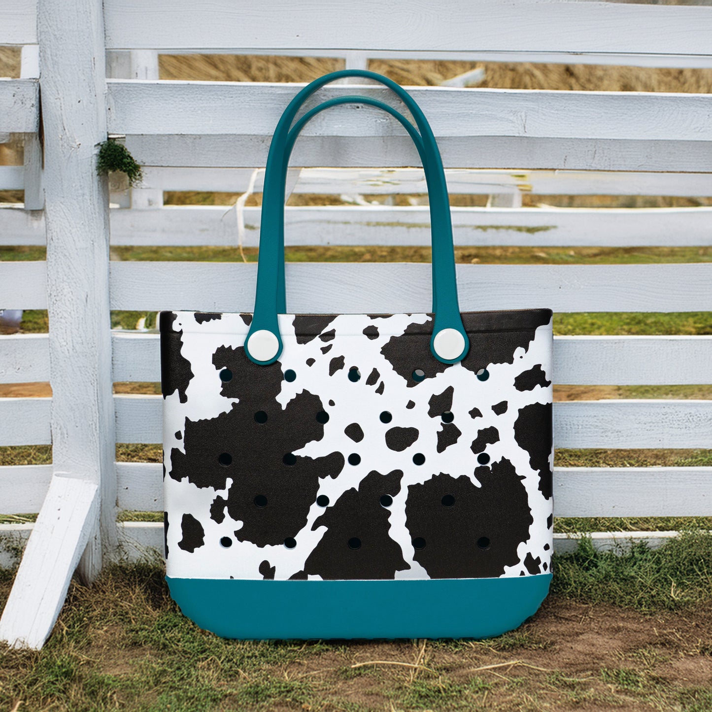 Turquoise Cow Print Rubber Tote Bag