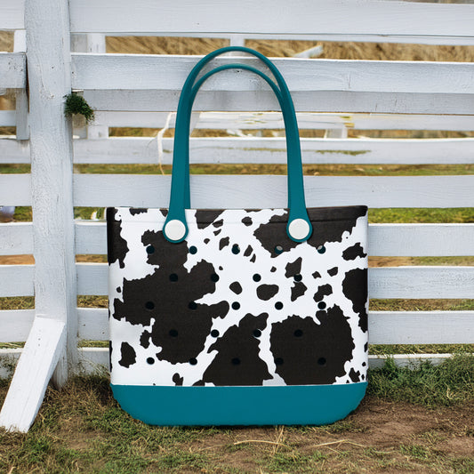 Turquoise Cow Print Rubber Tote Bag